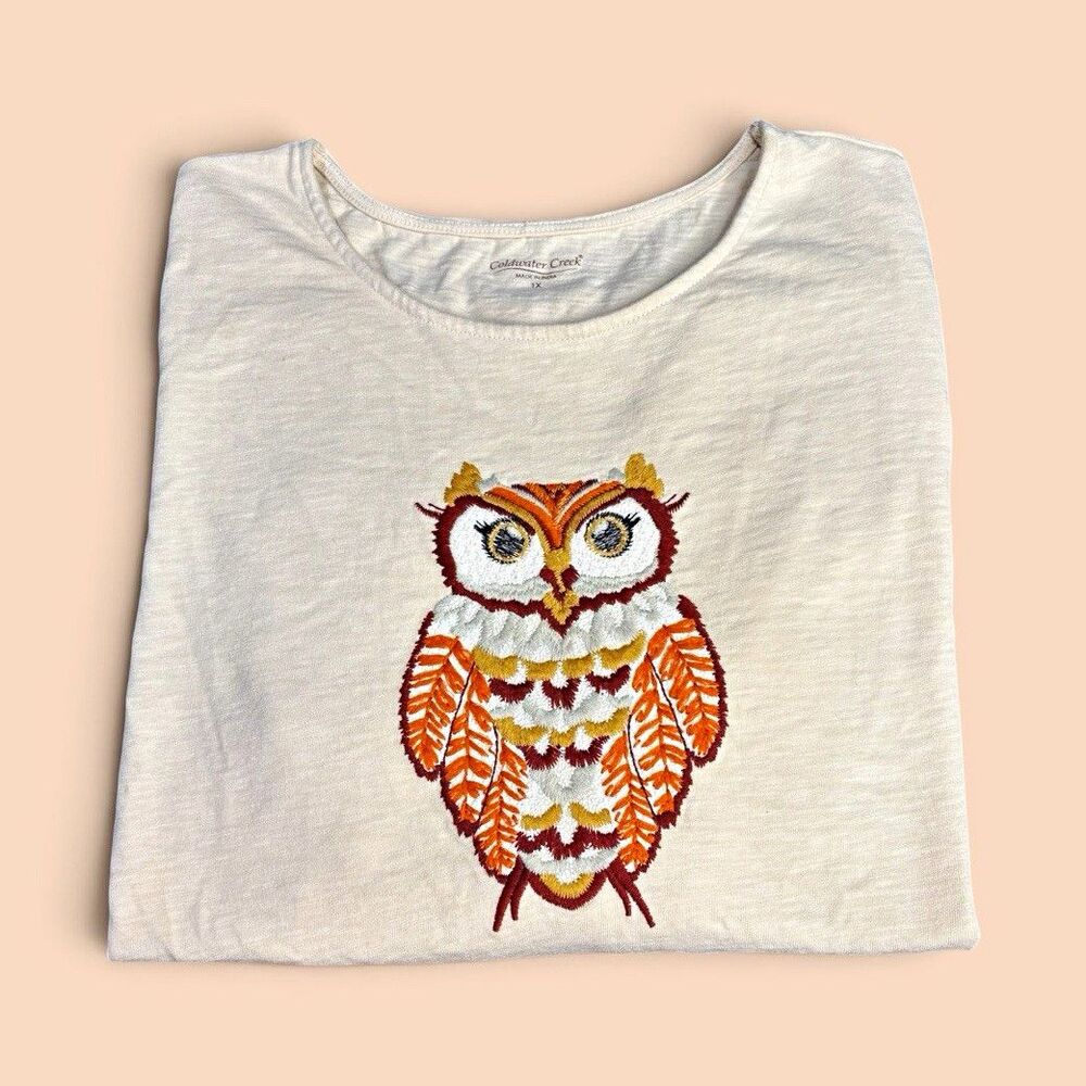 Coldwater Creek 1X Plus Beige Cotton Long Sleeve Embroidered Owl Cottage Core